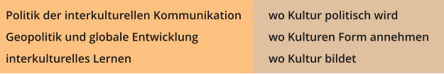 Politik der interkulturellen Kommunikation 	wo Kultur politisch wird Geopolitik und globale Entwicklung        		wo Kulturen Form annehmen interkulturelles Lernen                      			wo Kultur bildet